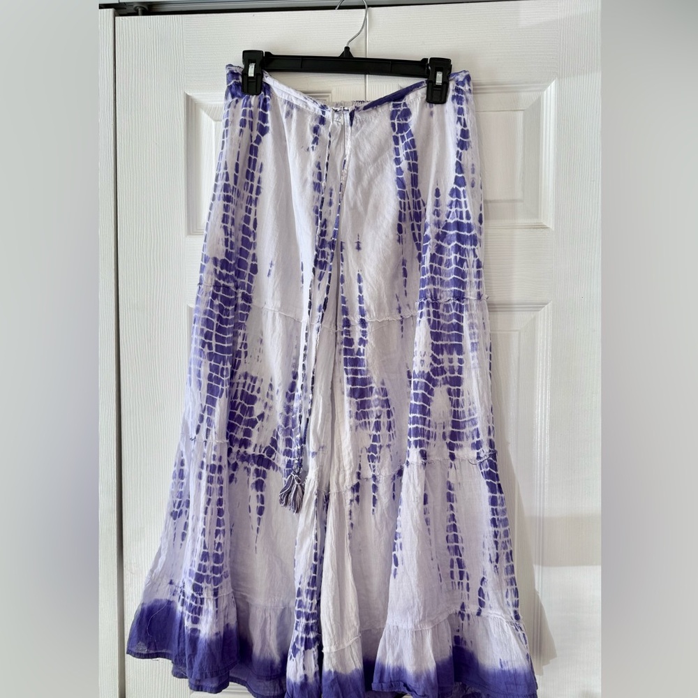 White and purple tie-dye palazzo pants